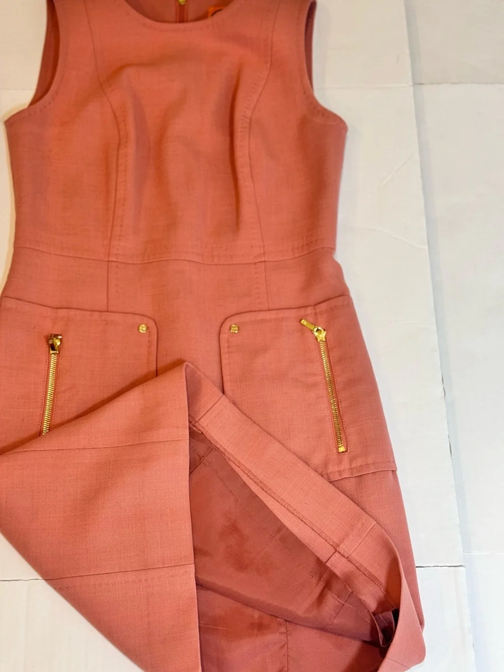 Tory Burch Petra Dress 2 Peach Wool Blend Sheath Gold Zip Pockets Officecore